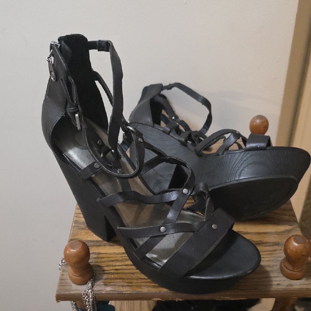 Guess Strappy Black Stud Block Heels